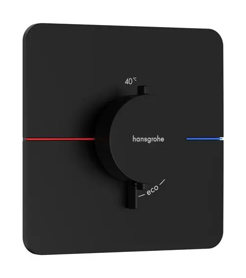 Thermostat in mattschwarz von Hansgrohe mit runder Steuerung und Temperaturanzeige, gekennzeichnet durch rote und blaue Linien zur Temperaturregelung.